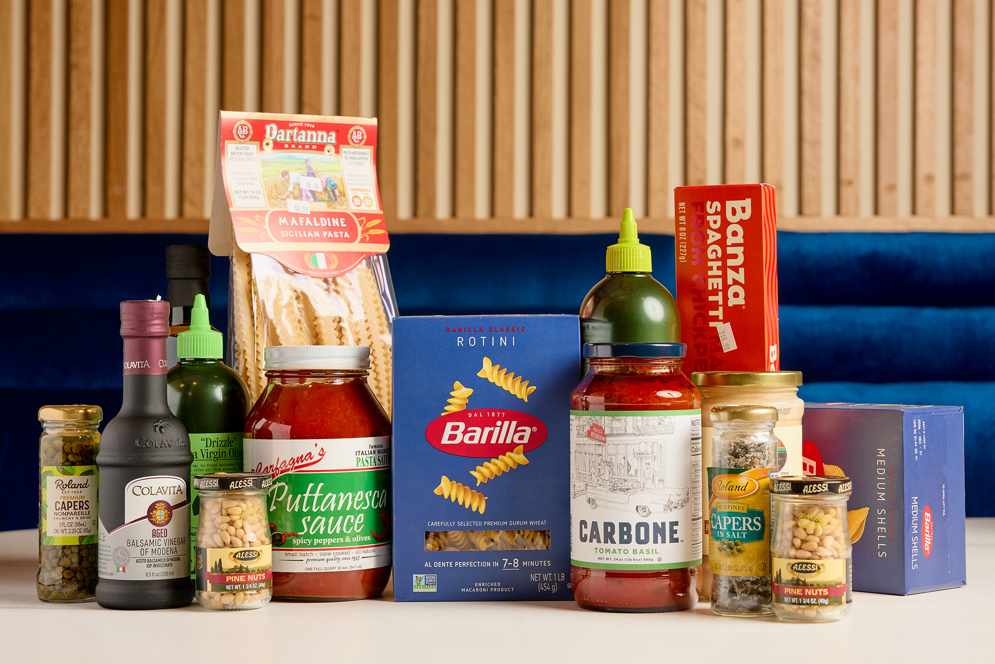 Assortment of pasta and sauces.